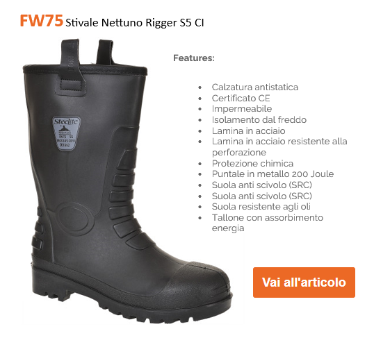 Immagine di esempio della scarpa antinfortunistica S5 Neptune Rigger CI FW75 in nero insieme a un elenco delle proprietà dell'articolo e un pulsante in arancione che reindirizza alla pagina dell'articolo.