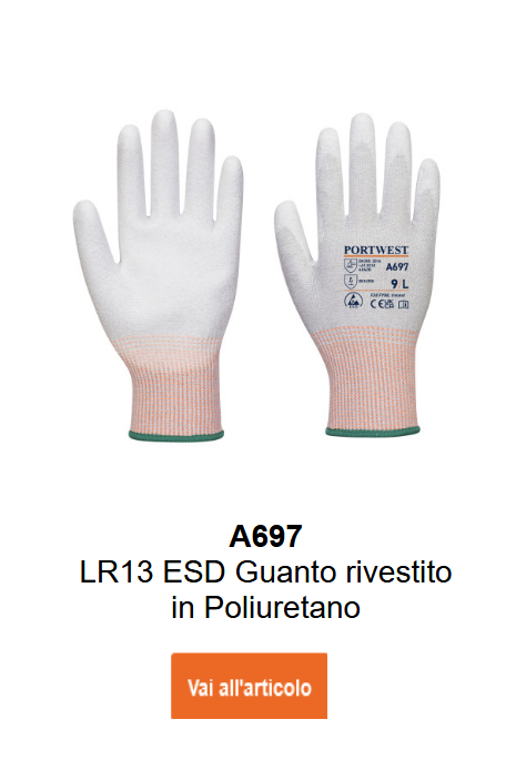 Immagine dei guanti LR13 ESD PU A697 in bianco e grigio chiaro con dettagli arancioni e polsini verdi. Link alla pagina prodotto disponibile.
