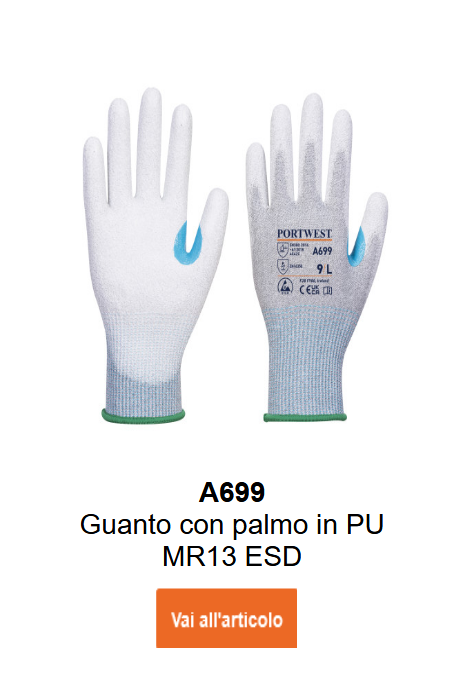 Immagine dei guanti MR13 ESD PU A699 in bianco e grigio con dettagli blu e polsini verdi. Link alla pagina prodotto disponibile.