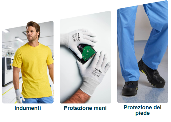 Lavoratore con giacca ESD blu e tablet in mano. Sullo sfondo apparecchiatura tecnica. A destra una striscia con motivo color acquamarina e un quadrato giallo con simbolo ESD.