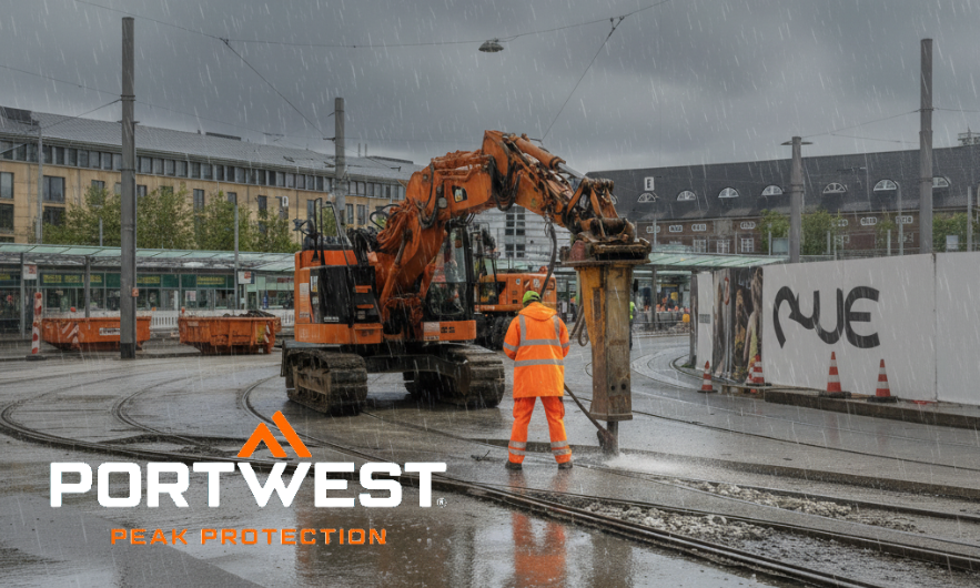 Operaio edile in abbigliamento protettivo arancione ad alta visibilit&agrave; e impermeabile di Portwest che lavora sotto la pioggia con un grande escavatore in un cantiere tranviario. Il logo Portwest con lo slogan &lsquo;Peak Protection&rsquo; &egrave; visibile in primo piano. La scena mostra abbigliamento da lavoro robusto per condizioni meteorologiche avverse. Contiene un link alle nostre giacche antipioggia.