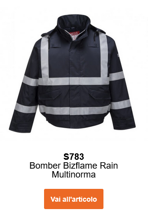 Immagine della giacca bomber ignifuga e impermeabile Bizflame S783 in blu con bande riflettenti. Contiene un link al prodotto.