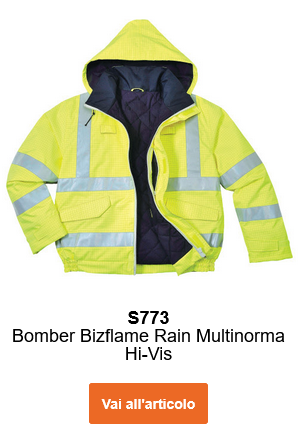 Immagine della giacca pilota Bizflame antipioggia e alta visibilità S773 in giallo con bande riflettenti. Contiene un link al prodotto.