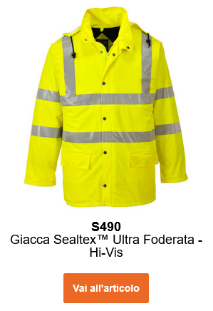 Immagine della giacca antipioggia ad alta visibilità foderata Sealtex Ultra S490 in giallo con bande riflettenti. Contiene un link al prodotto.