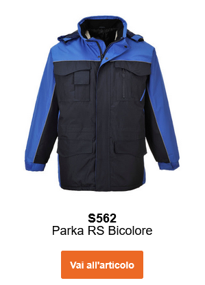Immagine del parka foderato S562 in blu con dettagli royal e bande riflettenti. Contiene un link al prodotto.