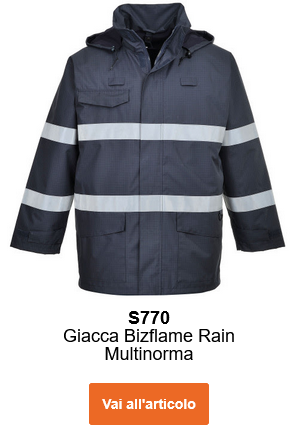 Immagine della giacca antipioggia multinorma Bizflame S770 in blu con bande riflettenti. Contiene un link al prodotto.