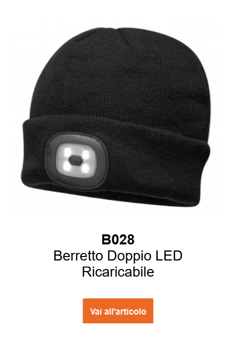 Immagine del beanie con doppio LED ricaricabile B028 in nero. Un link alla pagina prodotto è incluso.