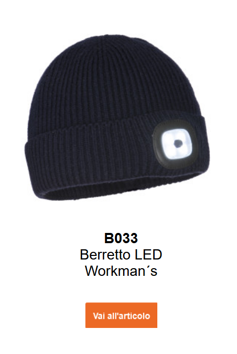 Immagine del berretto LED per lavoratori B033 in nero. Un link alla pagina prodotto è incluso.