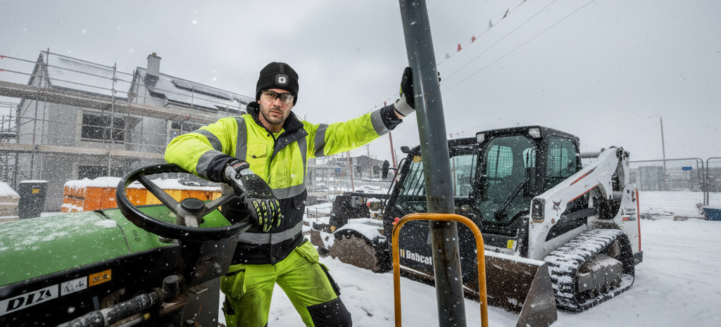 Un operaio edile con giacca invernale, indumenti di sicurezza riflettenti e cappello a LED lavora sulla neve in un cantiere.