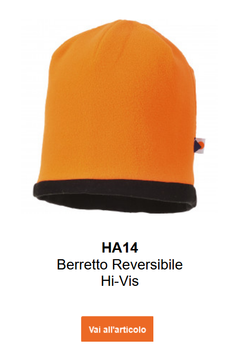 Immagine del berretto Hi-Vis reversibile HA14 in arancione con interno nero. Un link alla pagina prodotto è incluso.