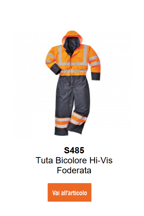 Tuta imbottita ad alta visibilit&agrave; S485 in arancione con dettagli neri e bande riflettenti.