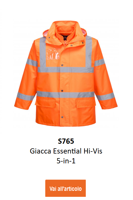 Giacca Essential 5-in-1 ad alta visibilit&agrave; in arancione con dettagli neri e bande riflettenti.