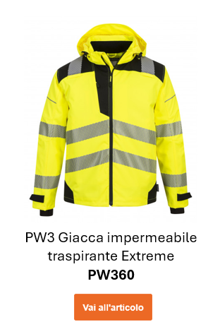 Immagine della giacca antipioggia traspirante PW3 Extreme PW360 in giallo con strisce riflettenti. Viene fornito un collegamento alla pagina dell'articolo.