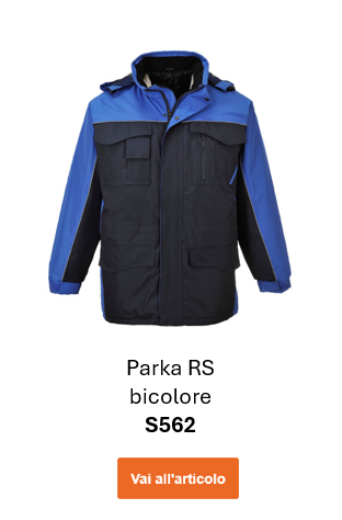 Immagine del Parka foderato S562 in blu navy con dettagli blu royal. Viene fornito un collegamento alla pagina dell'articolo.