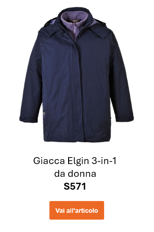 Immagine della giacca impermeabile 3 in 1 da donna Elgin S571, color blu navy con dettagli lilla. Viene fornito un collegamento alla pagina dell'articolo.