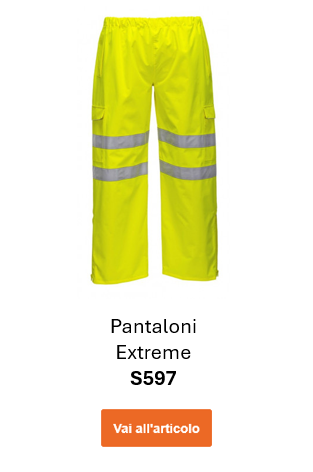Immagine dei pantaloni ad alta visibilità Extreme S597 di colore giallo con strisce riflettenti. Viene fornito un collegamento alla pagina dell'articolo.