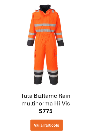 Immagine della tuta antipioggia ad alta visibilità Bizflame Multinorm S775 in arancione con strisce riflettenti e dettagli blu. Viene fornito un collegamento alla pagina dell'articolo.
