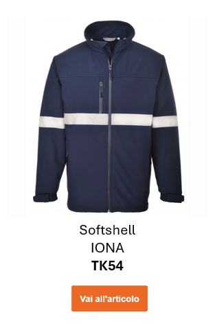 Immagine della giacca softshell impermeabile Iona TK54 in blu con strisce riflettenti. Viene fornito un collegamento alla pagina dell'articolo.