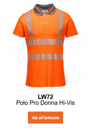 Immagine della polo Pro High Visibility LW72 arancione con strisce riflettenti. Viene fornito un collegamento all'articolo.