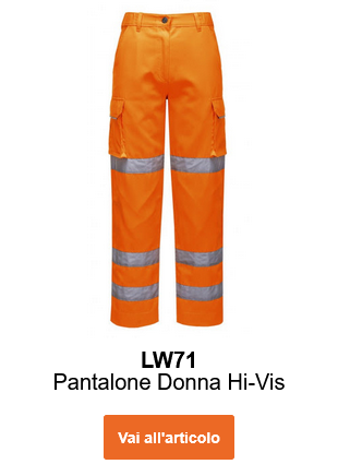 Immagine dei pantaloni da donna ad alta visibilità LW71 in arancione con strisce riflettenti. Viene fornito un collegamento all'articolo.