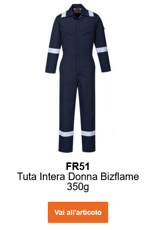 Immagine della tuta da donna Bizflame Plus 350g FR51 in blu con strisce riflettenti. Viene fornito un collegamento all'articolo.