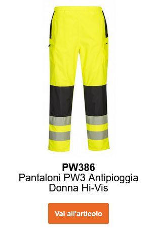 Immagine dei pantaloni antipioggia ad alta visibilità PW3 da donna PW386 in giallo con strisce riflettenti e dettagli neri. Viene fornito un collegamento all'articolo.