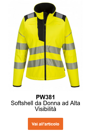 Immagine della giacca softshell ad alta visibilità da donna PW3 PW381 in giallo con strisce riflettenti e dettagli neri. Viene fornito un collegamento all'articolo.