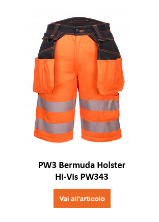 Immagine dei pantaloncini alta visibilità PW3 PW343 di colore arancione con strisce riflettenti, dettagli neri e link all'articolo.