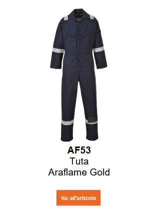 Immagine della tuta ignifuga e antistatica Araflame Gold AF53 in blu con un link alla pagina del prodotto.