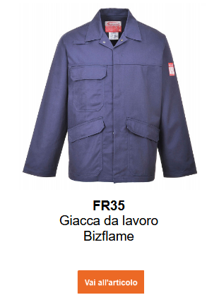 Immagine della giacca ignifuga e antistatica Bizflame Pro FR35 in blu con un link alla pagina del prodotto.
