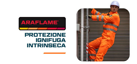 Logo della collezione Araflame in nero, rosso e arancione con la didascalia: "Massima protezione intrinseca dalla fiamma". Accanto, un'immagine quadrata raffigurante un operaio con indumenti protettivi arancioni e un casco bianco che sale su una scala. È incluso un link agli articoli della nostra collezione Araflame.