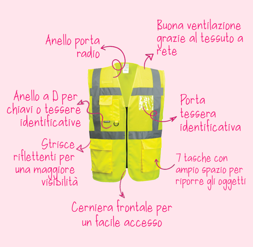 Panoramica delle caratteristiche del gilet Executive ad alta visibilit&agrave; in rete Madrid C496 con tutte le informazioni sul prodotto.
