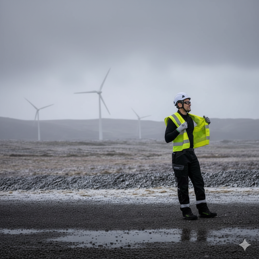 Un lavoratore con abbigliamento da lavoro nero e un gilet ad alta visibilit&agrave; giallo. Indossa guanti e un casco protettivo bianco. Sullo sfondo si vede un paesaggio innevato con turbine eoliche.