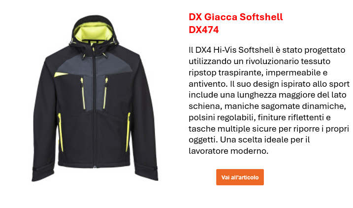 Immagine della giacca softshell DX4 DX474 in nero con dettagli grigi e gialli, insieme a una descrizione delle caratteristiche principali del prodotto, che si trovano sulla pagina del prodotto. Viene fornito un link alla pagina del prodotto.