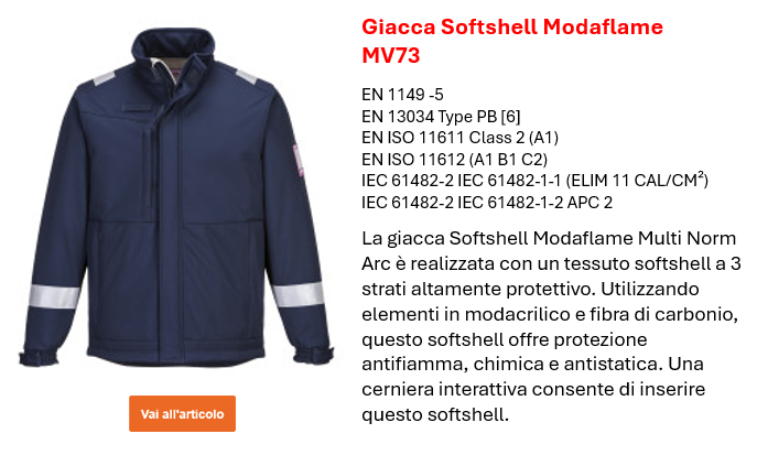 Immagine della giacca softshell Modaflame MV73 in blu con strisce riflettenti, insieme a una descrizione delle caratteristiche principali del prodotto, che si trovano sulla pagina del prodotto. Viene fornito un link alla pagina del prodotto.