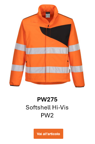 Immagine della giacca softshell ad alta visibilità PW2 PW275 in arancione con dettagli neri e strisce riflettenti. Viene fornito un link alla pagina del prodotto.