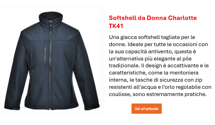 Immagine della giacca softshell Charlotte TK41 da donna in blu, insieme a una descrizione delle caratteristiche principali del prodotto, che si trovano sulla pagina del prodotto. Viene fornito un link alla pagina del prodotto.