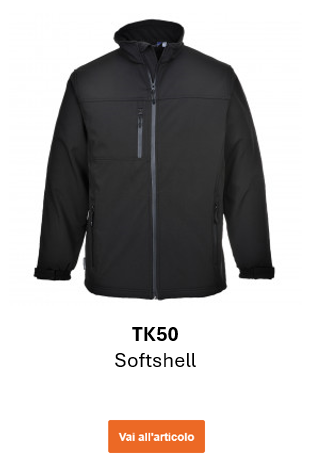 Immagine della giacca softshell impermeabile TK50 in nero, insieme a un link alla pagina del prodotto.