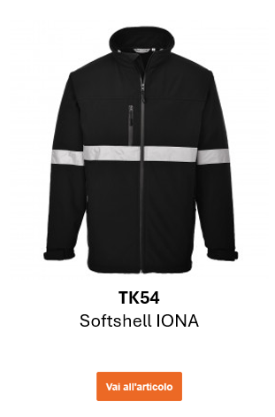 Immagine della giacca softshell impermeabile Iona TK54 in nero con strisce riflettenti. Viene fornito un link alla pagina del prodotto.