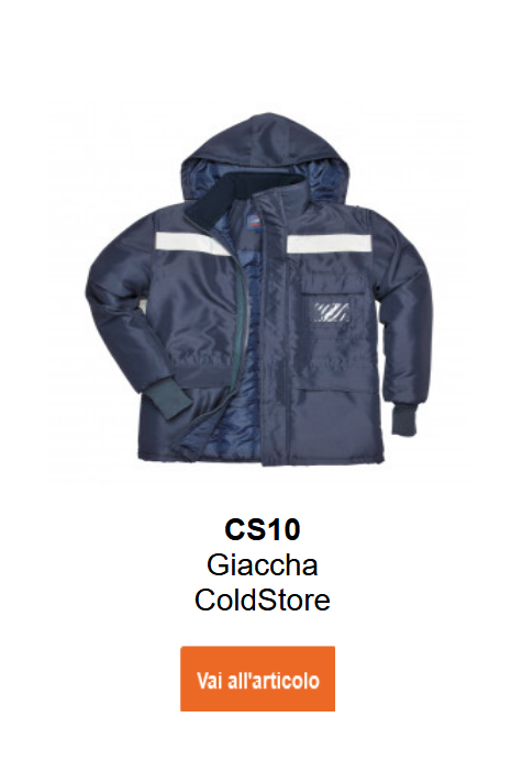 Immagine della giacca per cella frigorifera CS10 in blu con bande riflettenti. &Egrave; presente un link alla pagina del prodotto.