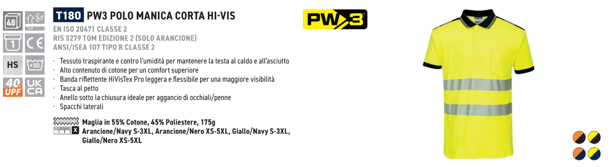 Esempio di immagine della polo PW3 Warning Protection T180 in giallo avvertimento con strisce riflettenti. Link fornito all'articolo.