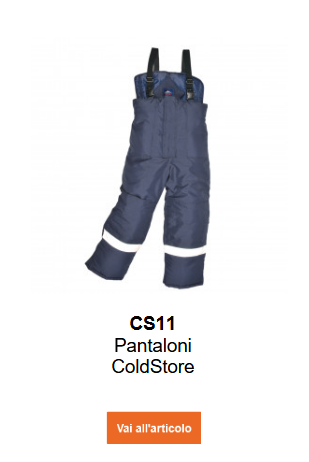 Immagine dei pantaloni da celle frigorifere CS11 blu con bande riflettenti. L'immagine è collegata alla pagina del prodotto.