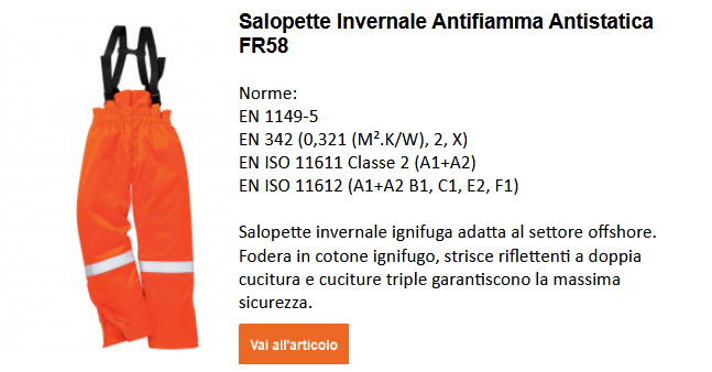 Immagine dei pantaloni invernali ignifughi e antistatici Bizflame FR58 arancioni con bretelle nere e bande riflettenti sulle ginocchia. L'immagine è collegata alla pagina del prodotto.