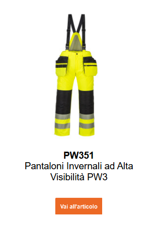 Immagine dei pantaloni invernali ad alta visibilità PW351 giallo fluorescente con bande riflettenti e dettagli blu. L'immagine è collegata alla pagina del prodotto.