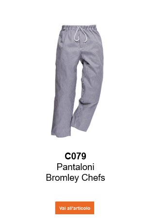 Immagine dei pantaloni da cuoco Bromley C079 con motivo a quadri blu e bianchi con un collegamento che porta alla pagina dell'articolo.