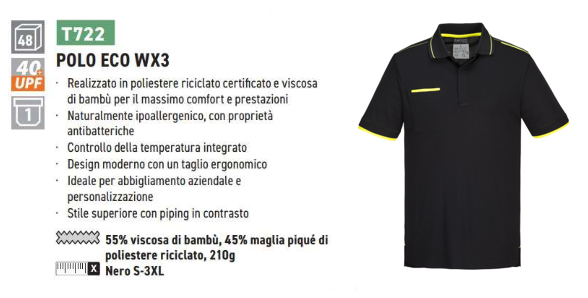 Esempio di immagine della polo WX3 Eco T722 in nero con un link all'articolo e un breve riassunto delle caratteristiche del prodotto.