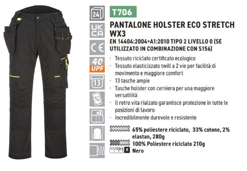 Esempio di immagine dei pantaloni WX3 Eco Stretch con tasche esterne in T706 nero con un link all'articolo e un breve riassunto delle proprietà del prodotto.