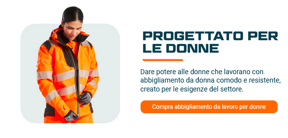 Collegamento al nostro catalogo di abbigliamento da lavoro da donna con un'immagine di esempio di una donna in abbigliamento arancione brillante ad alta visibilità.