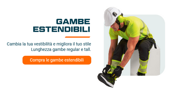 Lavoratore in abbigliamento da lavoro giallo ad alta visibilità e casco con collegamento all'abbigliamento da lavoro con gambe regolabili.