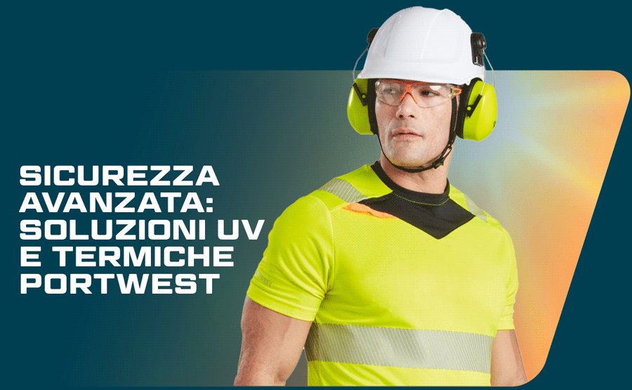 Un lavoratore indossa un casco bianco, protezioni per le orecchie gialle, occhiali di sicurezza arancioni e una maglietta gialla a maniche corte con dettagli neri e strisce riflettenti. A sinistra dell'immagine c'è una scritta bianca: Advanced Security - Portwest's UV and Thermal Solutions. C'è un collegamento ai nostri articoli con protezione UV.